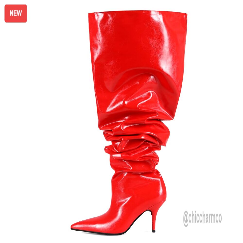 Wide Calf Over The Knee Boots Stiletto Heel Pointed Toe Pull On
